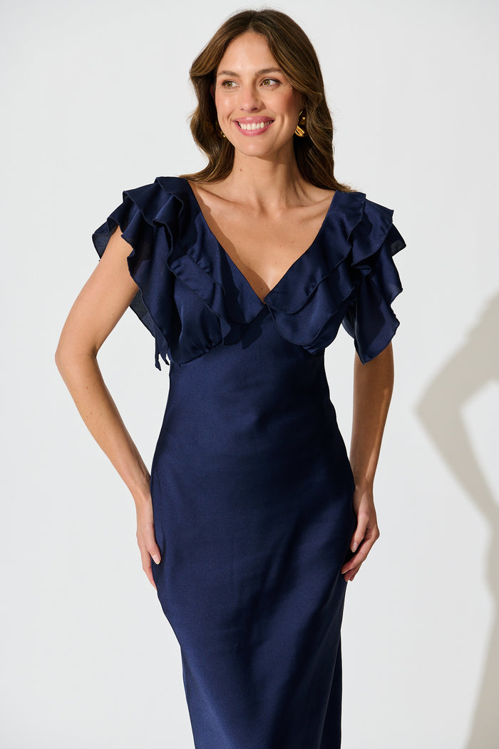 Satin Dream Midi Dress in Navy Satin front