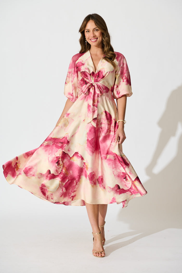 Iris Belle Maxi Dress in Magenta Watercolour Satin full length