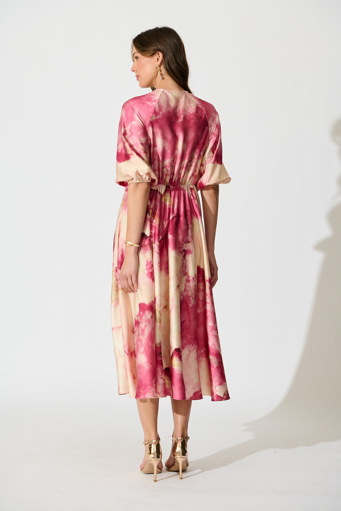 Iris Belle Maxi Dress in Magenta Watercolour Satin back