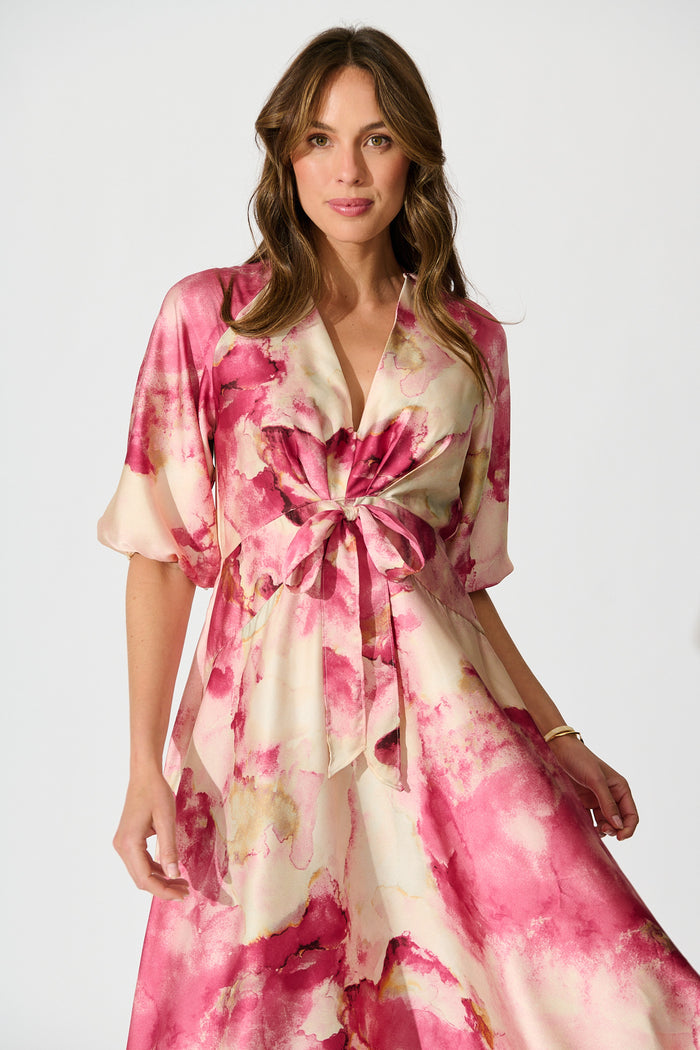 Iris Belle Maxi Dress in Magenta Watercolour Satin front