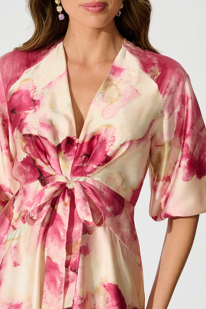 Iris Belle Maxi Dress in Magenta Watercolour Satin detail