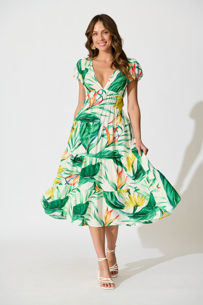Helia Midi Dress In Green Tropical Print Cotton full length