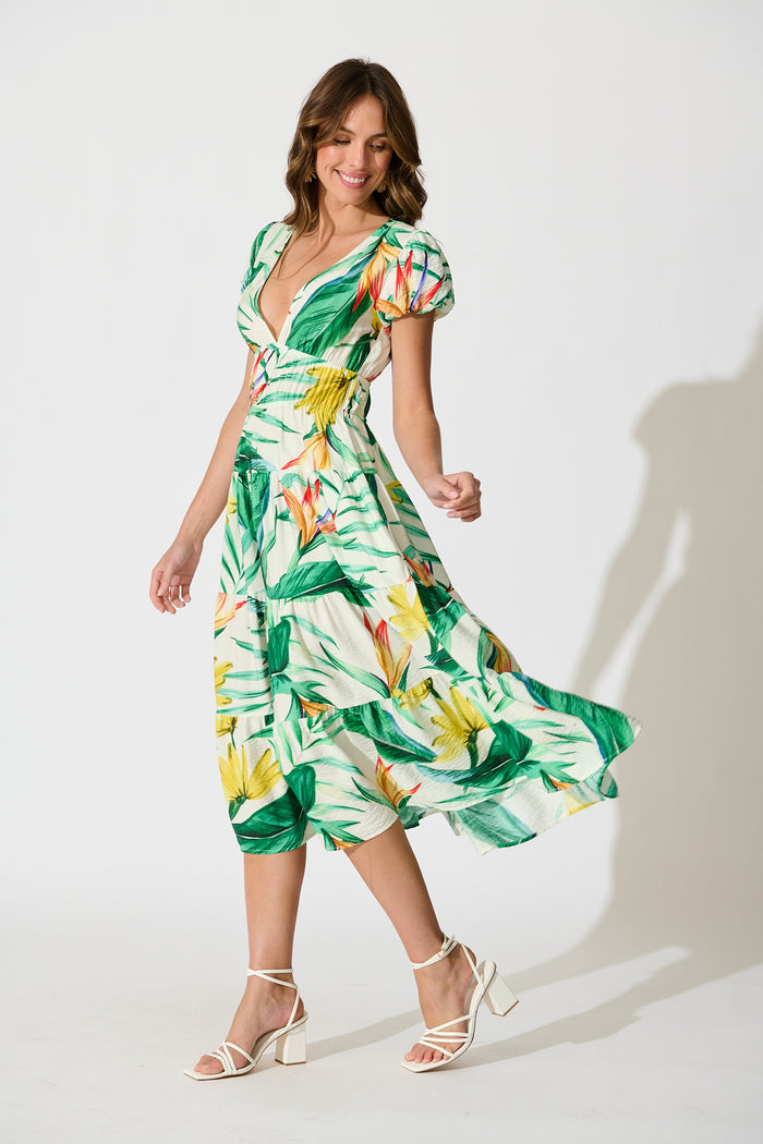 Helia Midi Dress In Green Tropical Print Cotton side