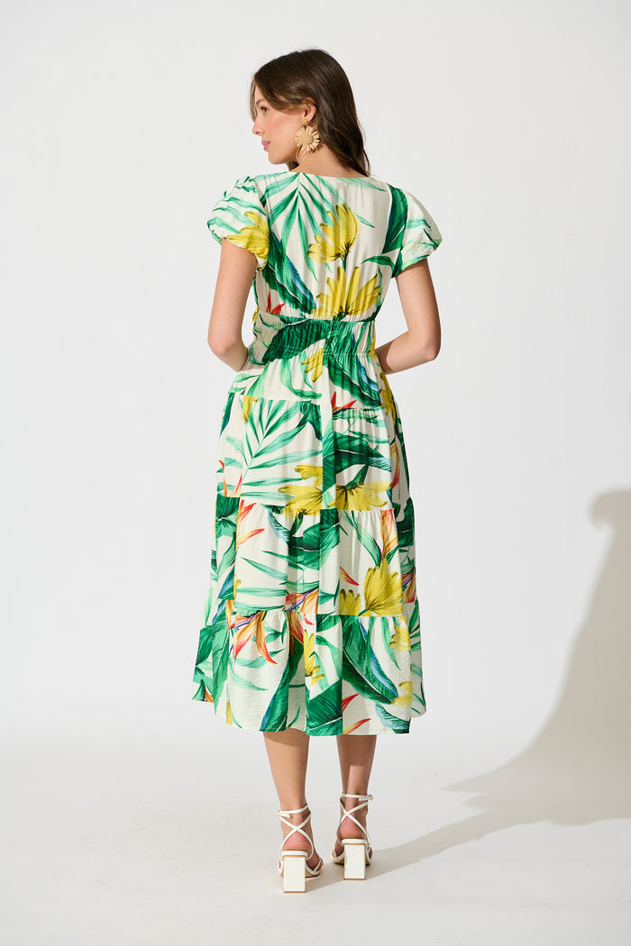 Helia Midi Dress In Green Tropical Print Cotton back
