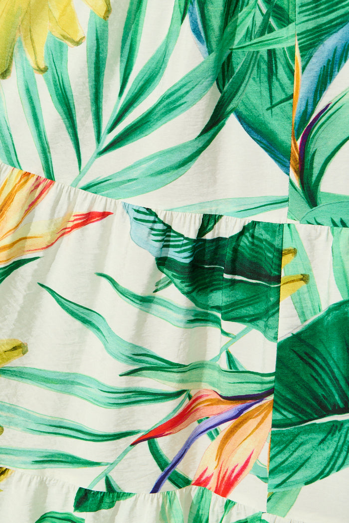 Helia Midi Dress In Green Tropical Print Cotton fabric