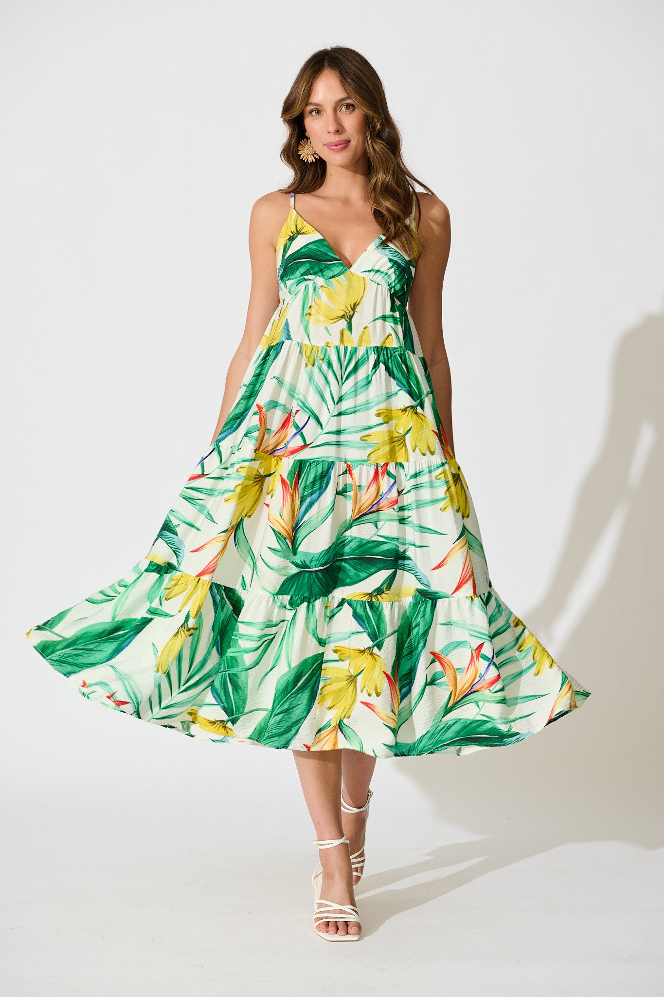 Evangelina Maxi Sundress In Green Tropical Print Linen Blend full length