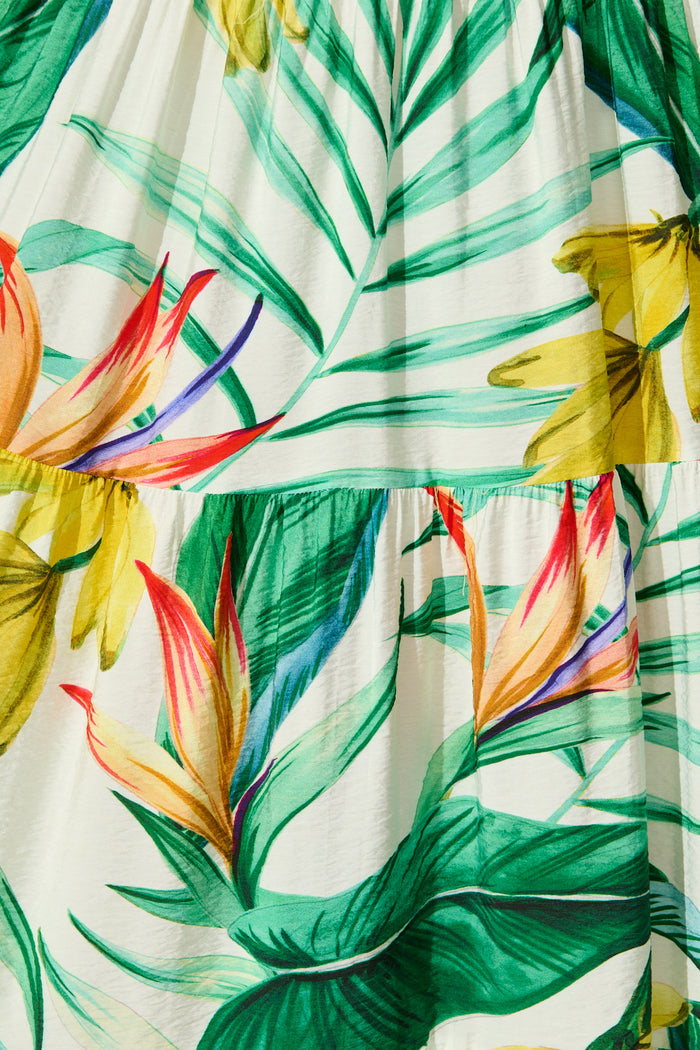 Evangelina Maxi Sundress In Green Tropical Print Linen Blend fabric