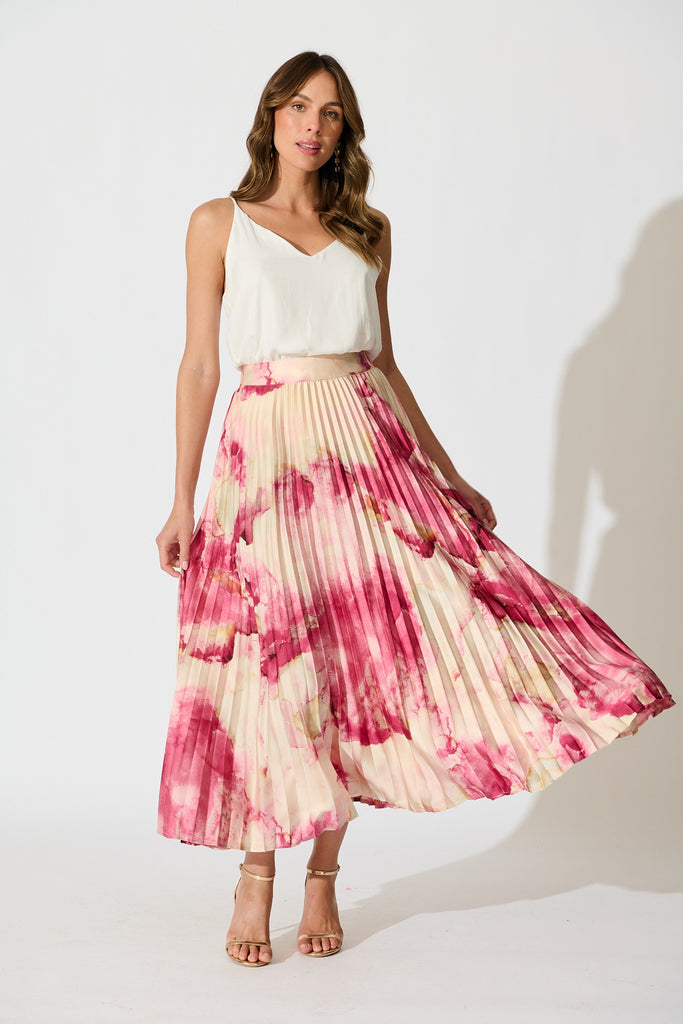 Allison Midi Pleat Skirt in Magenta Watercolour Satin full length