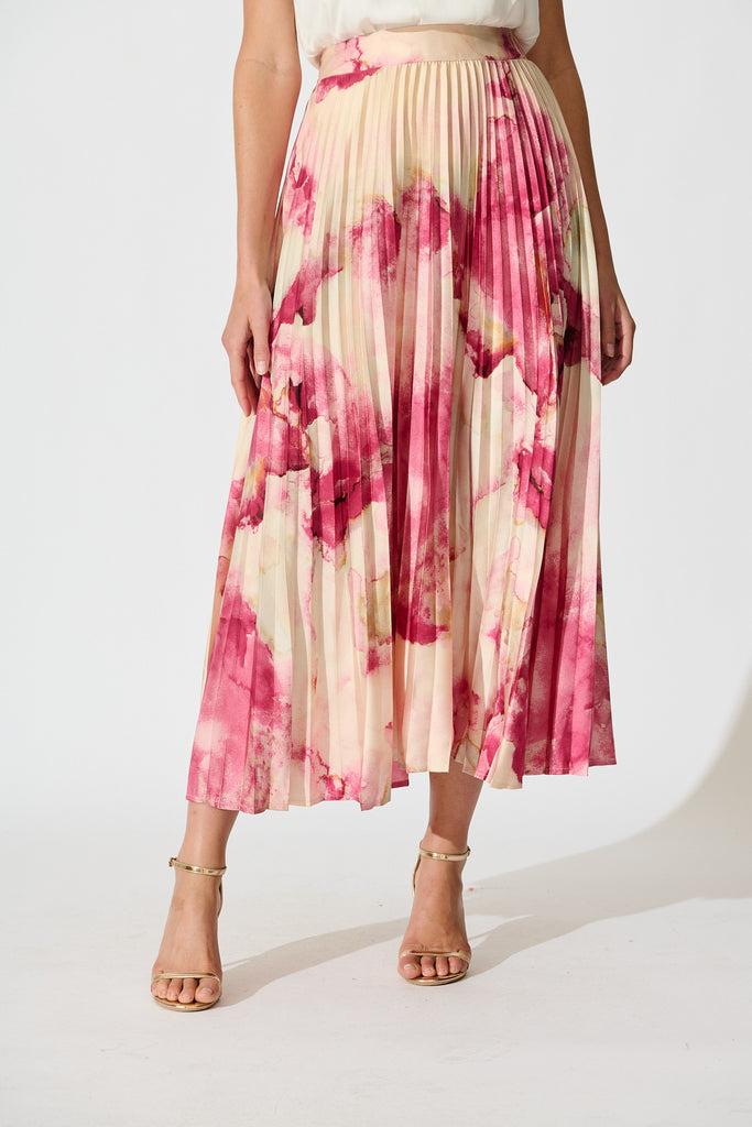 Allison Midi Pleat Skirt in Magenta Watercolour Satin front