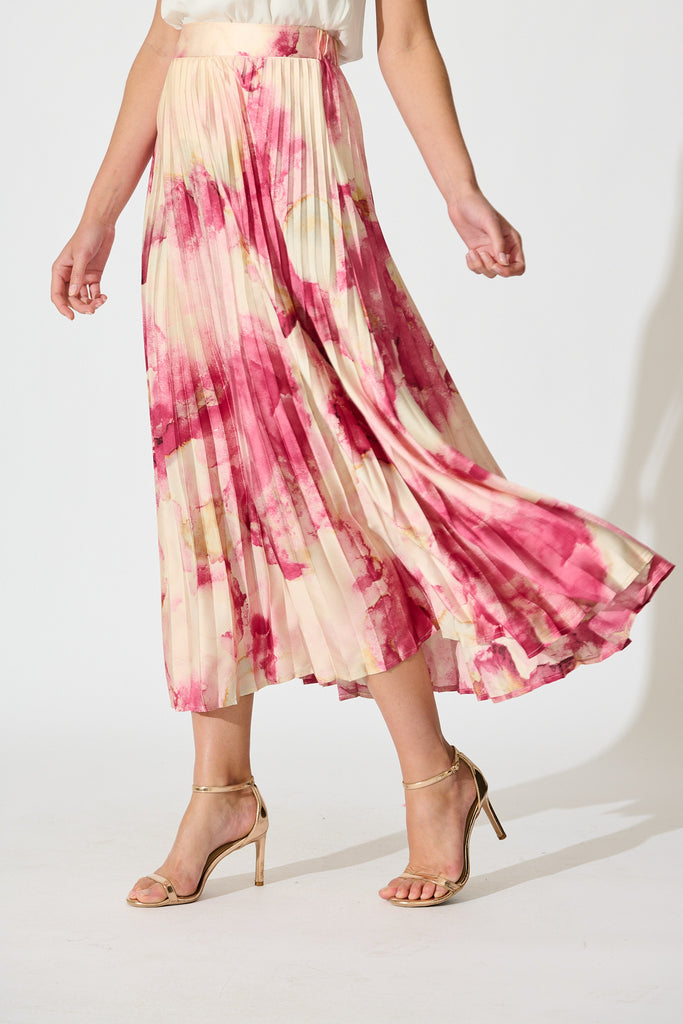 Allison Midi Pleat Skirt in Magenta Watercolour Satin side