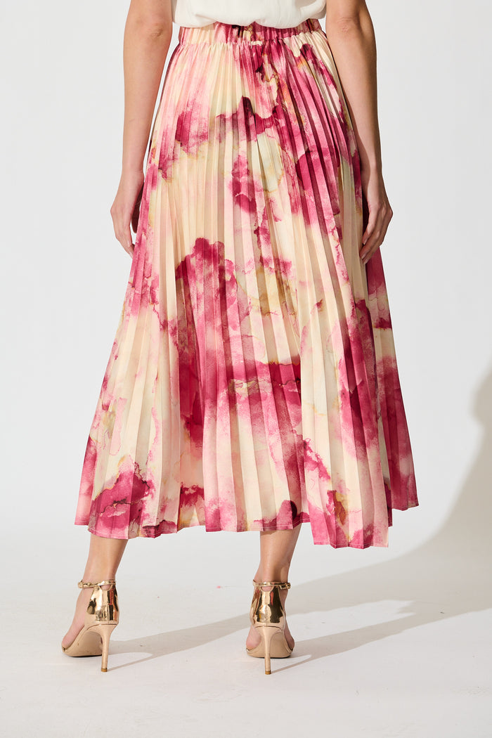 Allison Midi Pleat Skirt in Magenta Watercolour Satin back