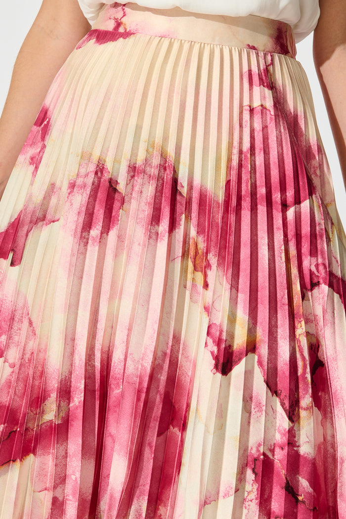 Allison Midi Pleat Skirt in Magenta Watercolour Satin detail