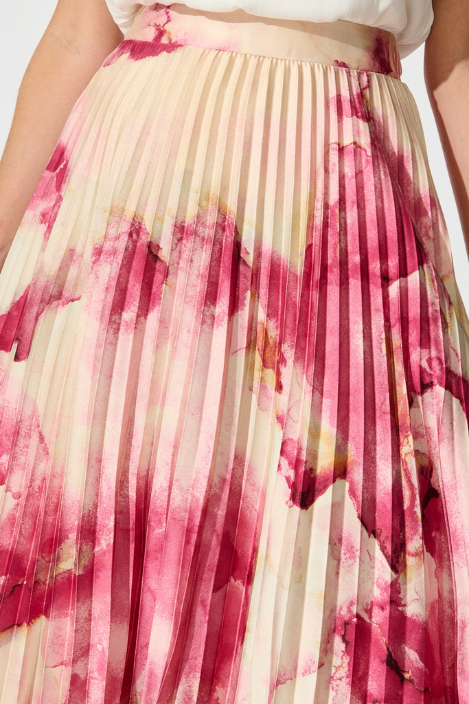Allison Midi Pleat Skirt in Magenta Watercolour Satin detail