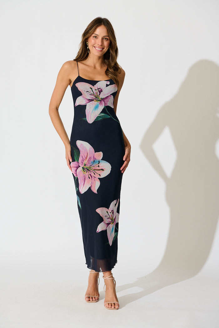 Ravenna Midi Dress in Navy with Lilac Floral full length