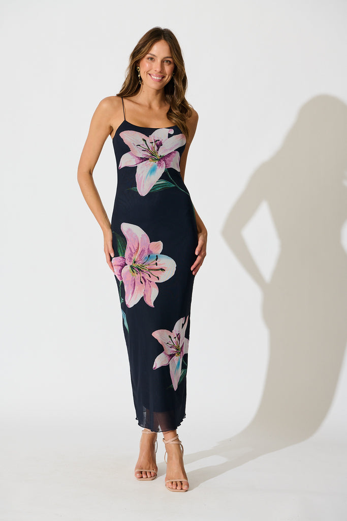 Ravenna Midi Dress in Navy with Lilac Floral full length