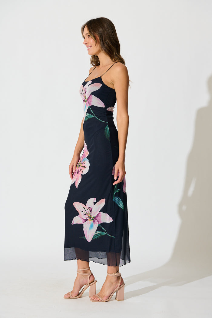 Ravenna Midi Dress in Navy with Lilac Floral side