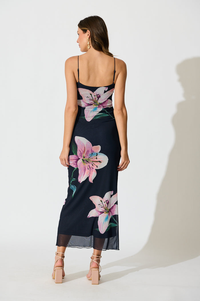 Ravenna Midi Dress in Navy with Lilac Floral back
