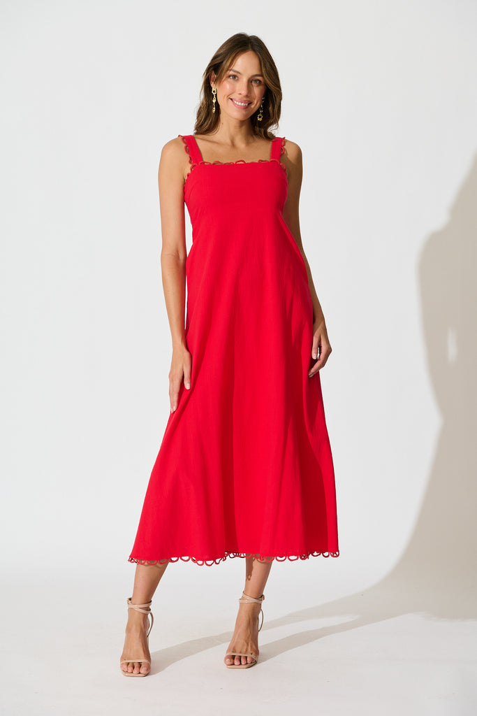 Lauella Maxi Sundress in Red Cotton full length
