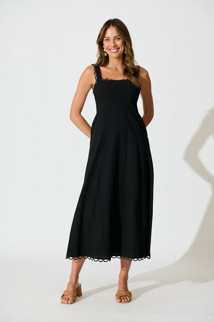 Lauella Maxi Sundress in Black Cotton full length