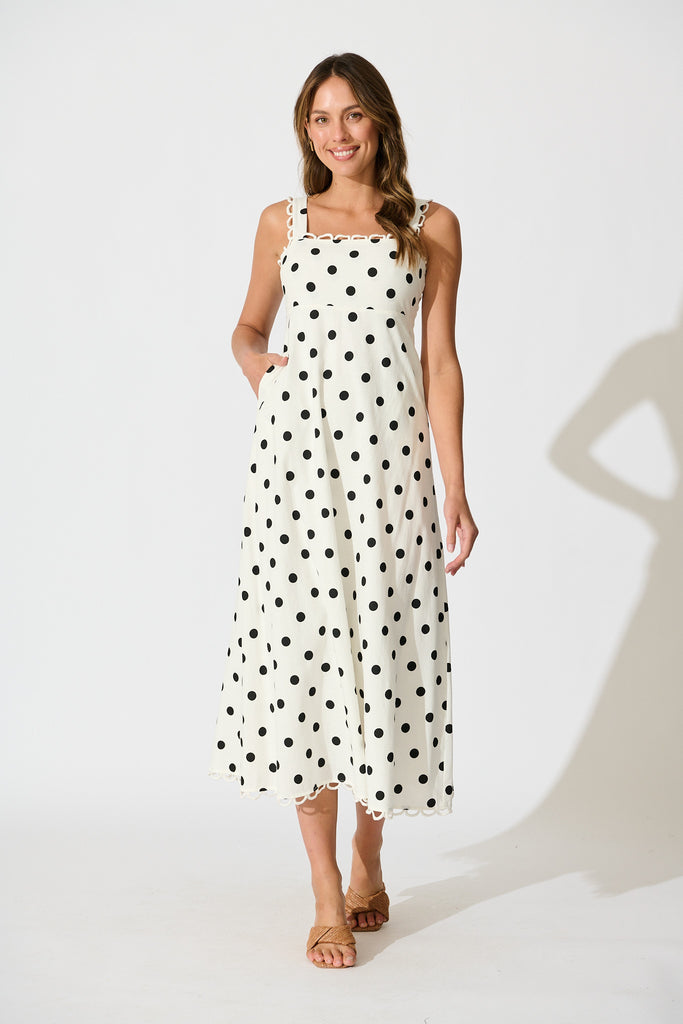 Lauella Maxi Sundress in White with Black Polka Dot Cotton Blend full length