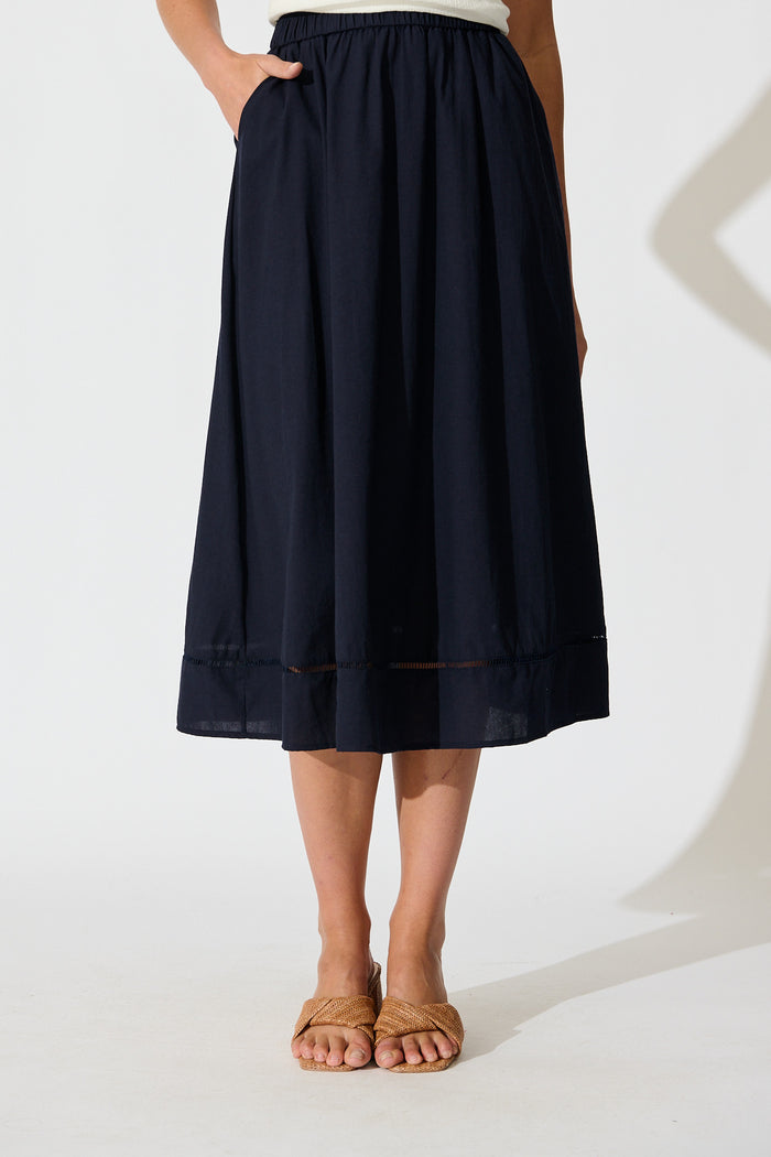 Cylas Midi Skirt in Navy Linen Blend front