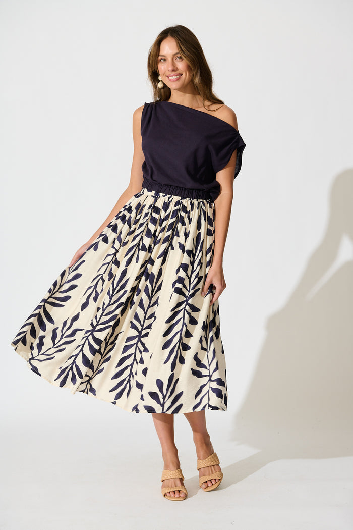 Merryn Maxi Skirt in Cream with Navy Leaf Linen Blend full length