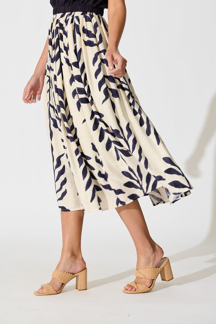 Merryn Maxi Skirt in Cream with Navy Leaf Linen Blend side