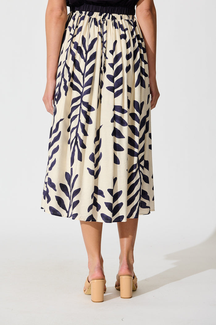 Merryn Maxi Skirt in Cream with Navy Leaf Linen Blend back