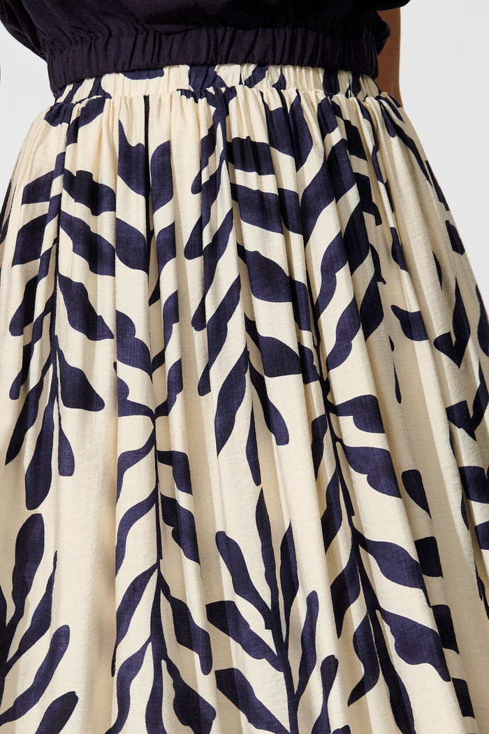 Merryn Maxi Skirt in Cream with Navy Leaf Linen Blend detail