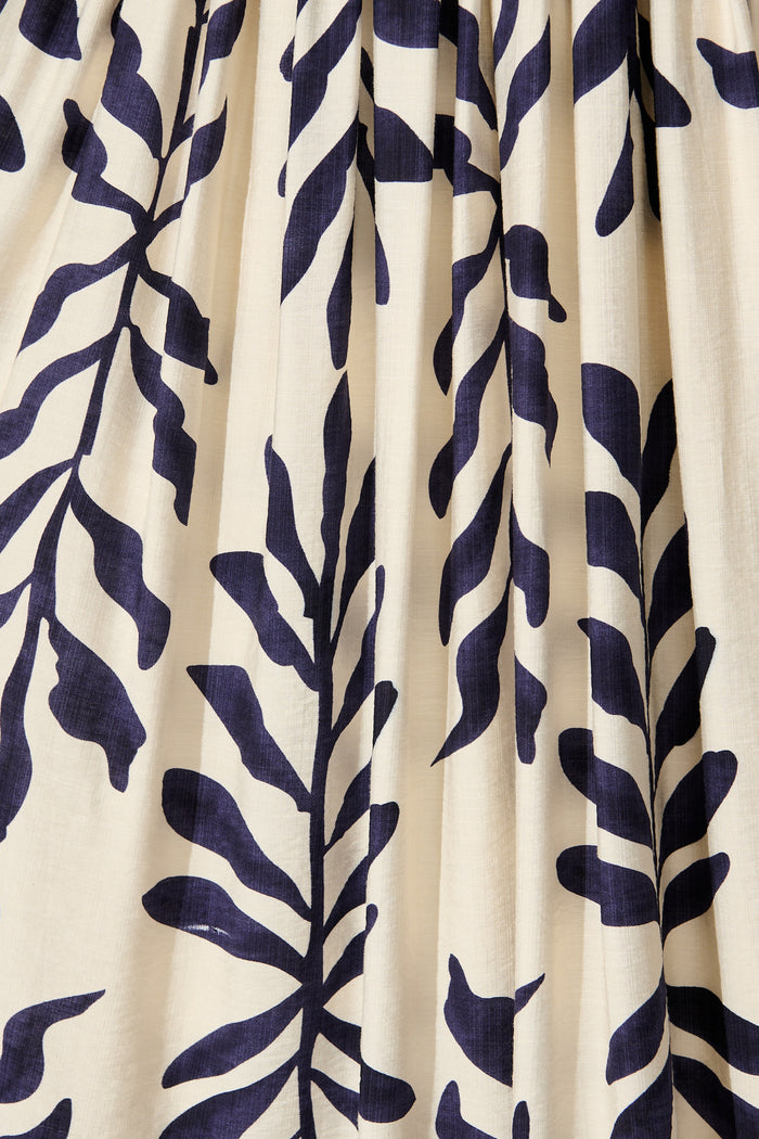 Merryn Maxi Skirt in Cream with Navy Leaf Linen Blend fabric