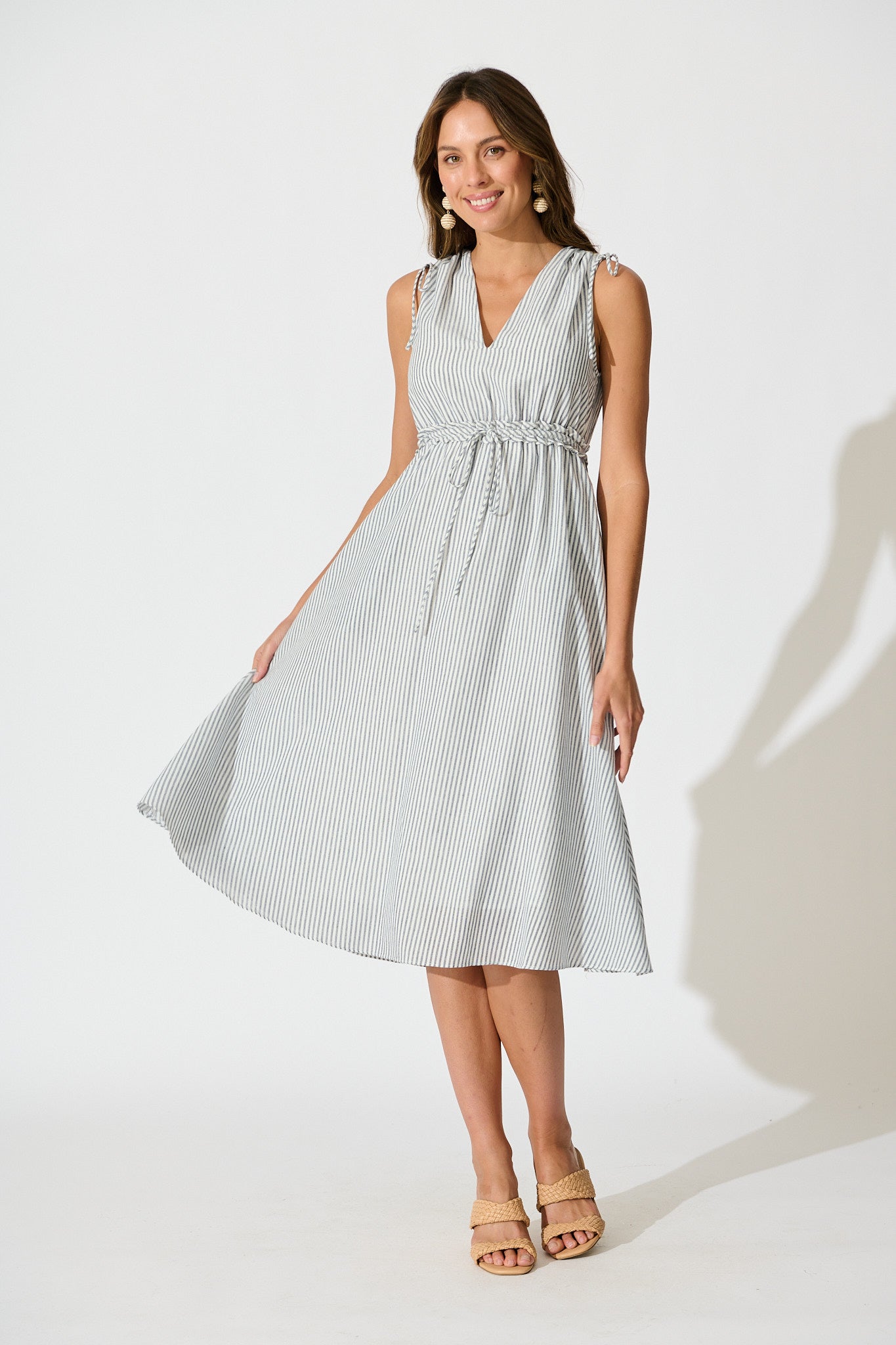 midi linen dress blue stripe Blueberry Picnic Flutter Sleeve Twirl Dress 9/10 main image 1