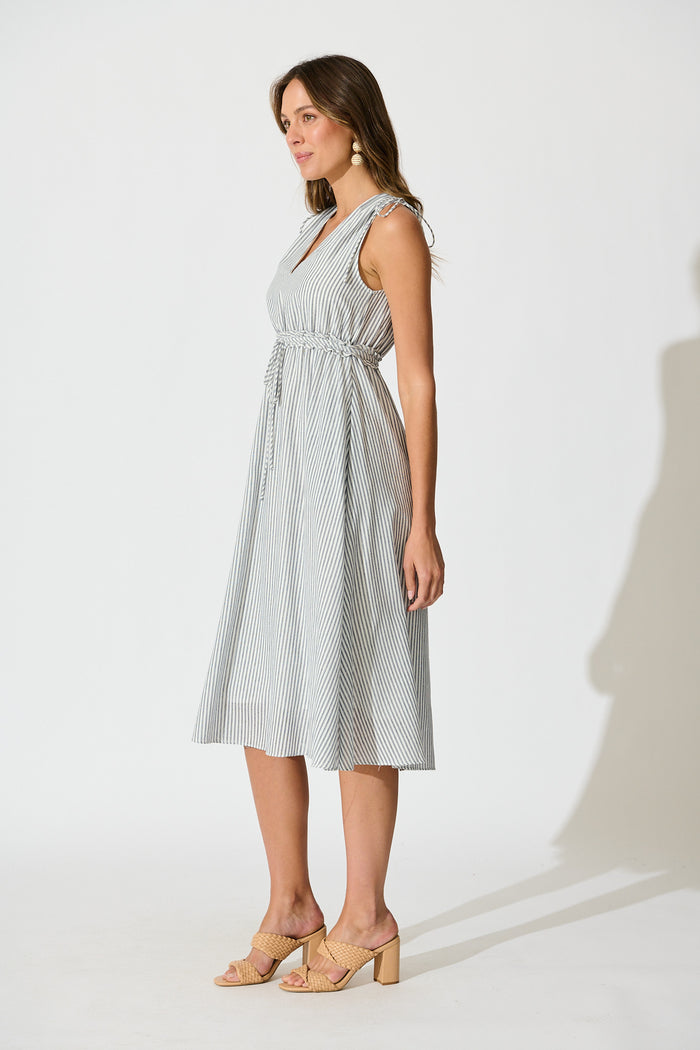 Frawley Midi Dress in Blue Stripe Linen Blend side