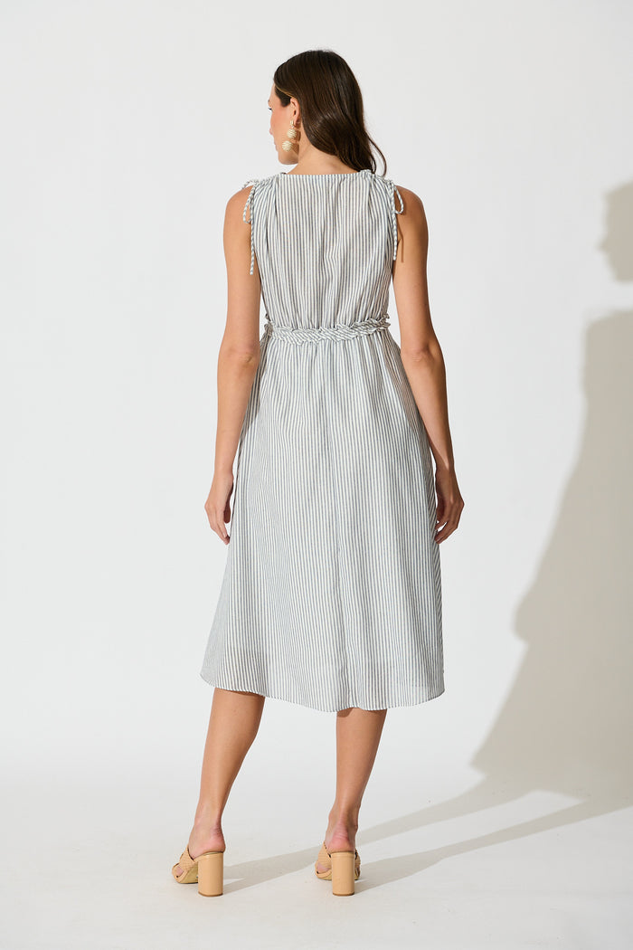 Frawley Midi Dress in Blue Stripe Linen Blend back