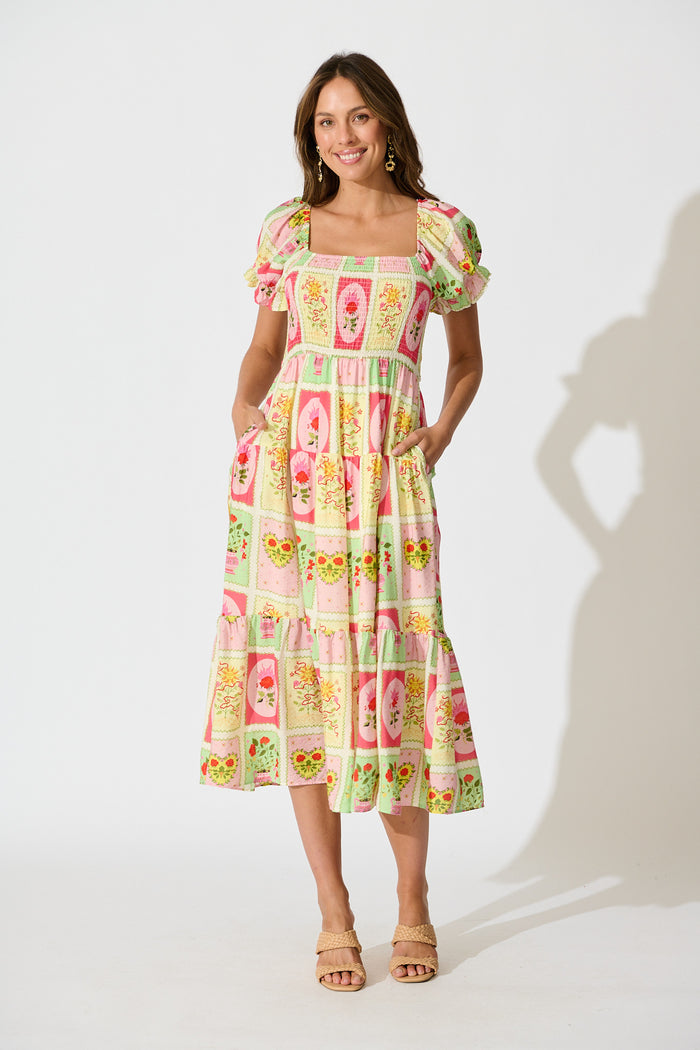 Kansis Midi Dress in Multi Floral Conversational Print full length