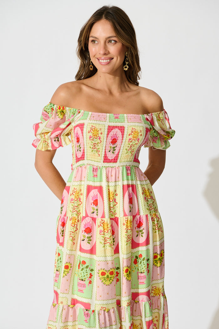 Kansis Midi Dress in Multi Floral Conversational Print front off-shoulder