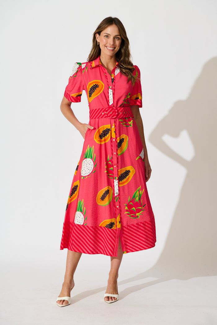 Alina Maxi Shirt Dress in Red Multi Print full length