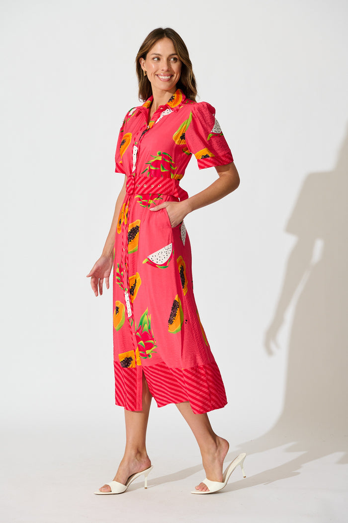 Alina Maxi Shirt Dress in Red Multi Print side