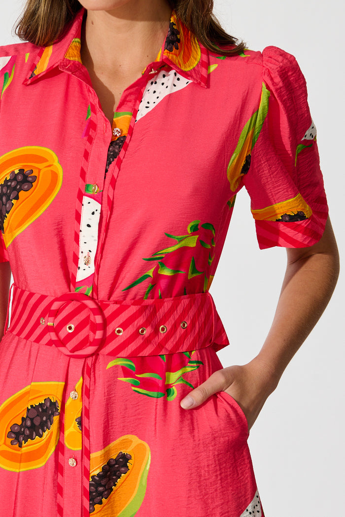 Alina Maxi Shirt Dress in Red Multi Print detail