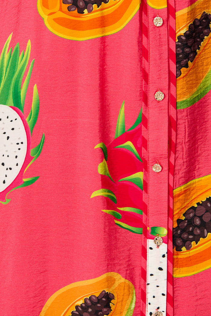 Alina Maxi Shirt Dress in Red Multi Print fabric