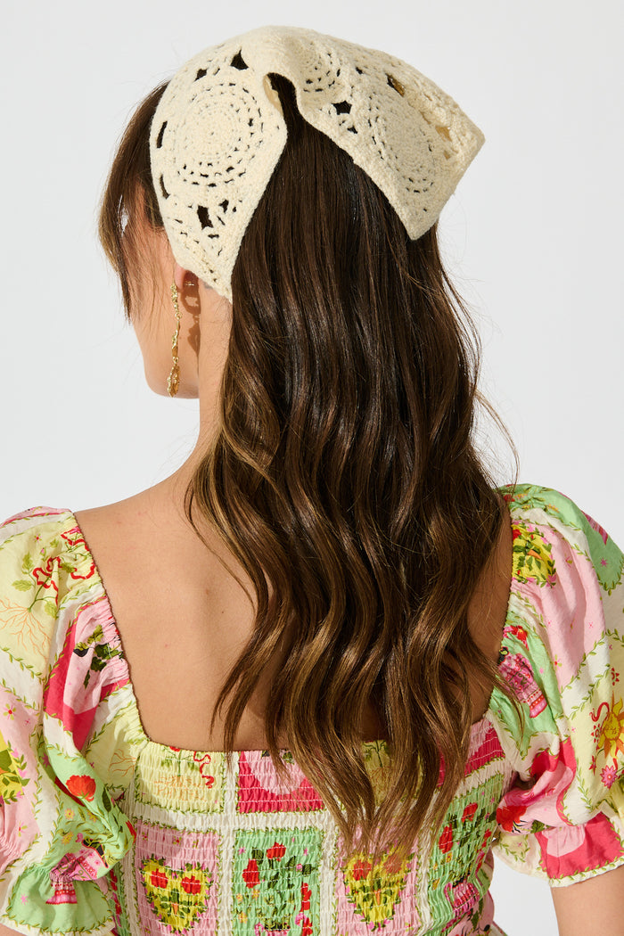 Chiara Crochet Headscarf in Cream on model back