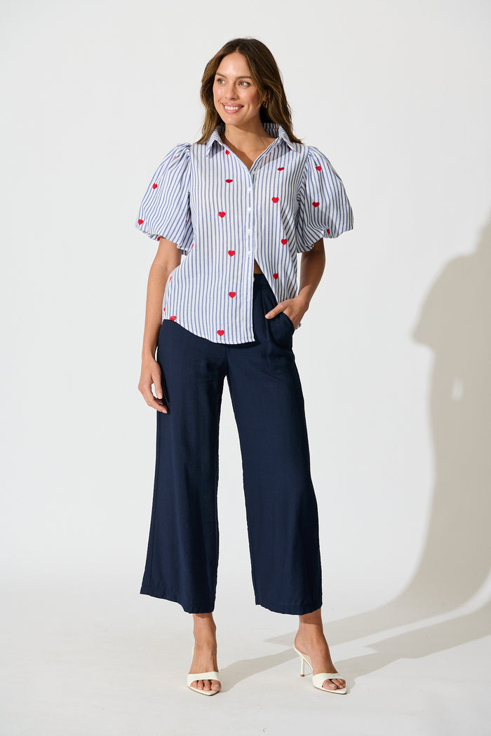 Heart & Thread Shirt in Blue Stripe and Heart Embroidered full length