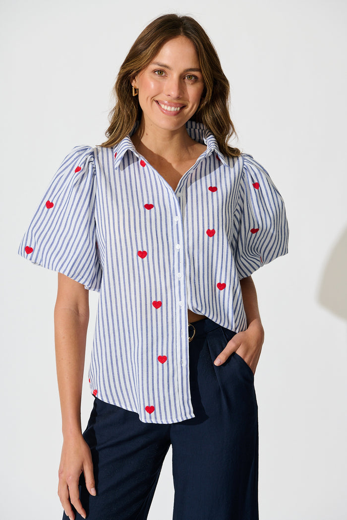 Heart & Thread Shirt in Blue Stripe and Heart Embroidered front