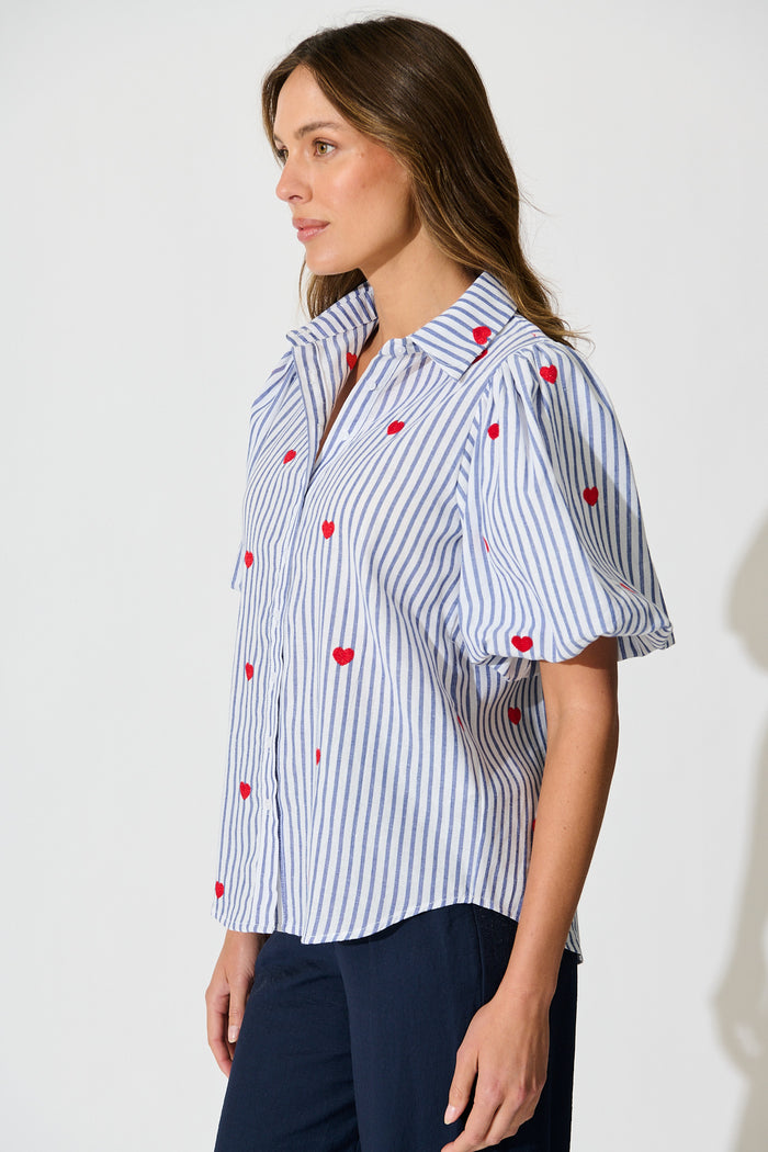 Heart & Thread Shirt in Blue Stripe and Heart Embroidered side