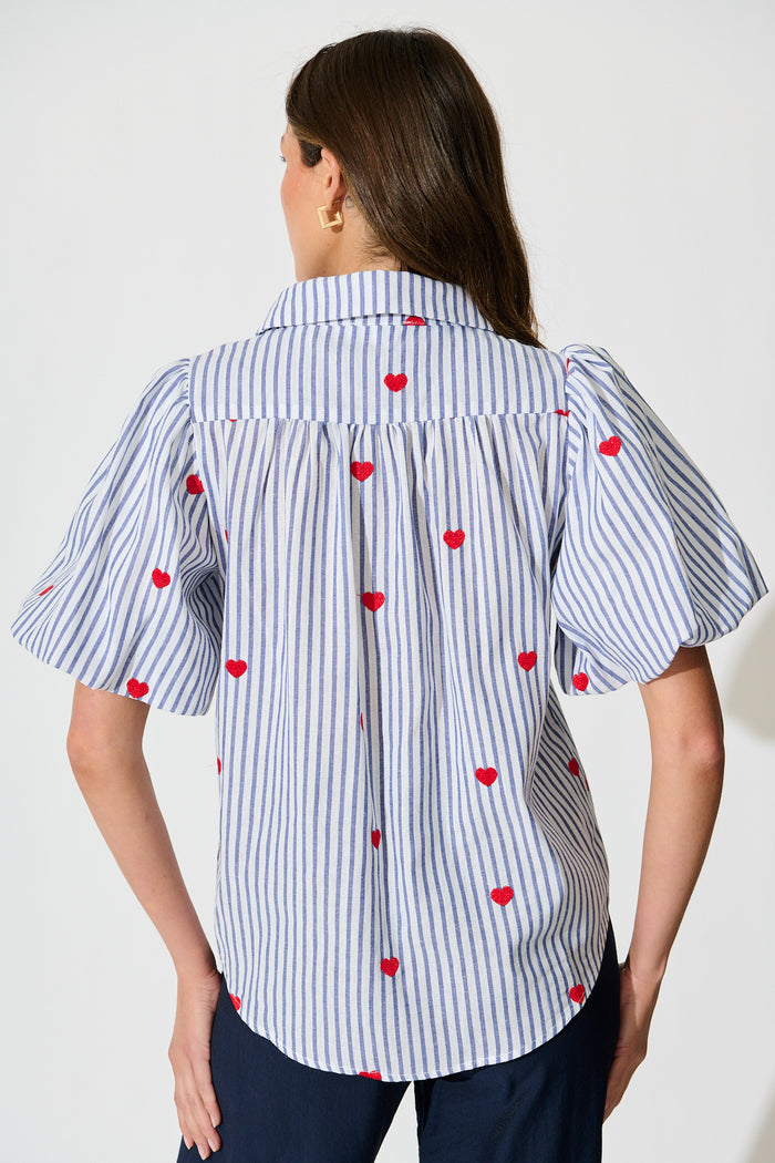 Heart & Thread Shirt in Blue Stripe and Heart Embroidered back