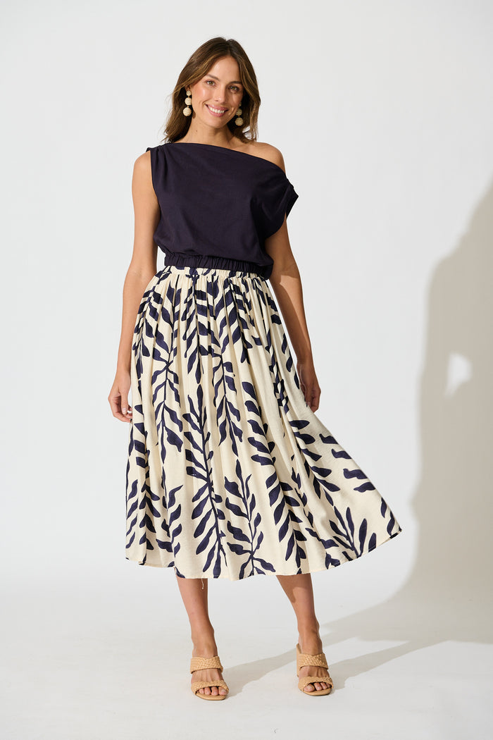 Lucille Off Shoulder Top In Navy Cotton Linen full length