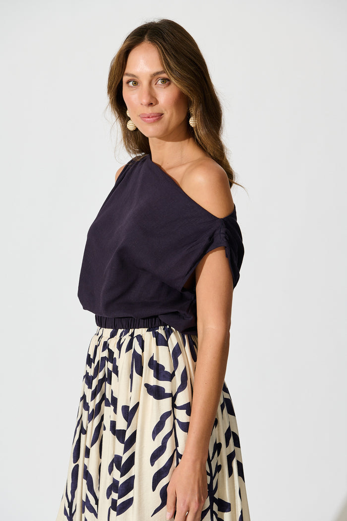 Lucille Off Shoulder Top In Navy Cotton Linen side