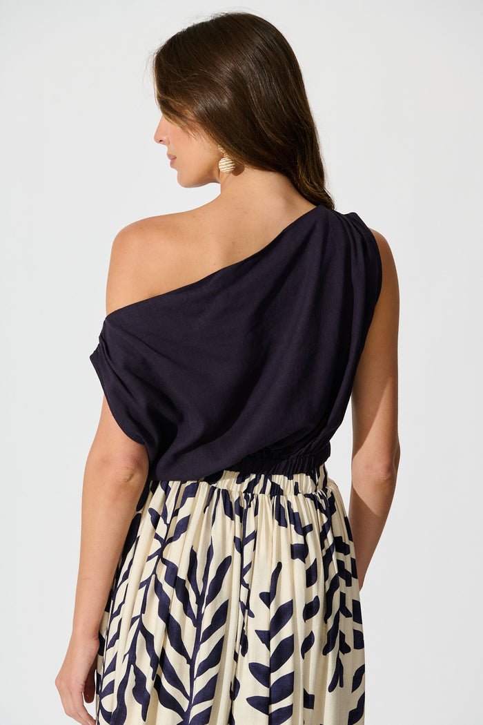 Lucille Off Shoulder Top In Navy Cotton Linen back