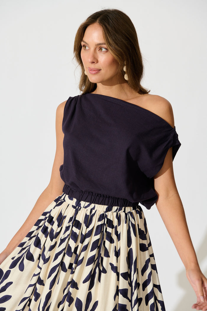 Lucille Off Shoulder Top In Navy Cotton Linen front