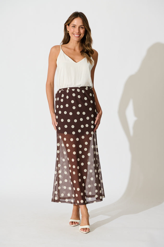 Dotted Moment Maxi Skirt in Brown with White Polka Dot full length