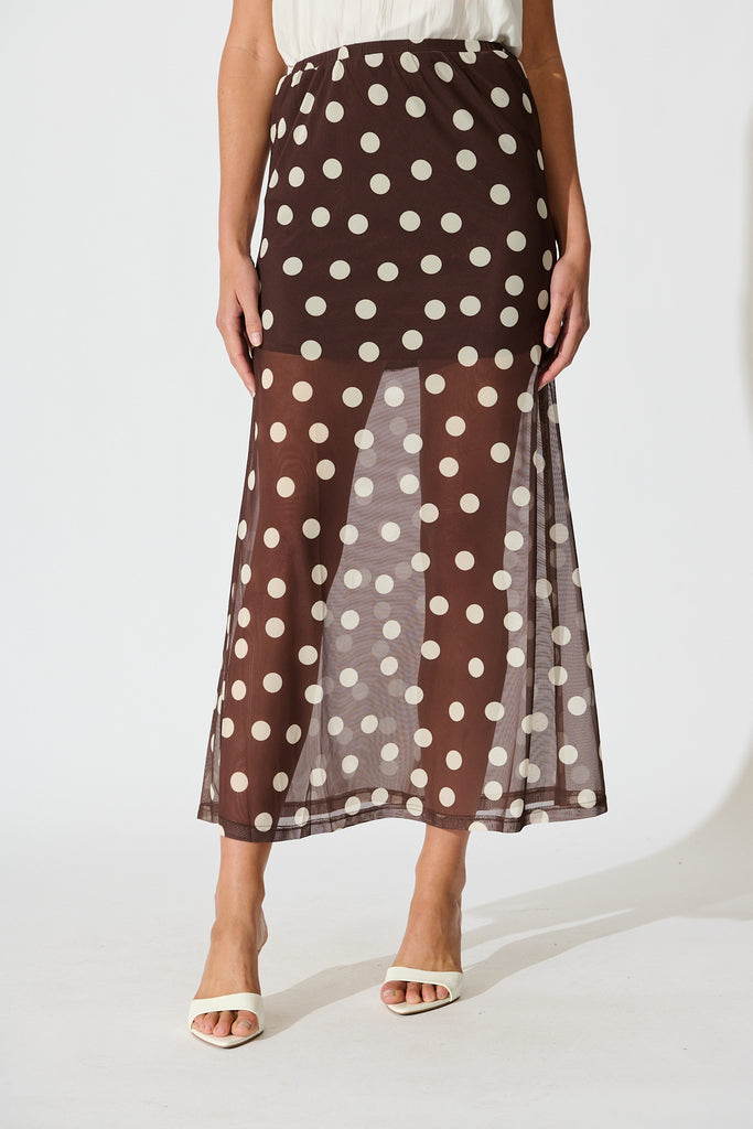Dotted Moment Maxi Skirt in Brown with White Polka Dot front